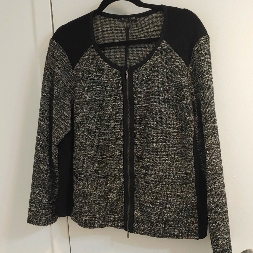 Eileen Fisher Black and White Tweed Zip Blazer